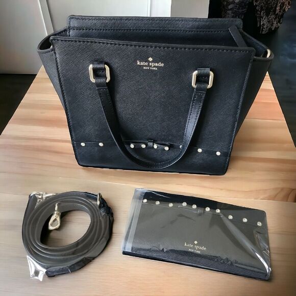 Kate Spade New York Laurel Way Jeweled Small Hadlee Handbag + Wallet Black EUC - Picture 1 of 16